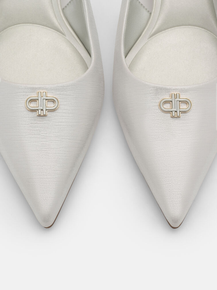 Leather Slingback Heel Pumps, Silver