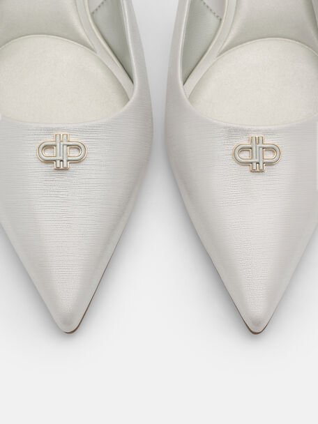 Leather Slingback Heel Pumps, Silver