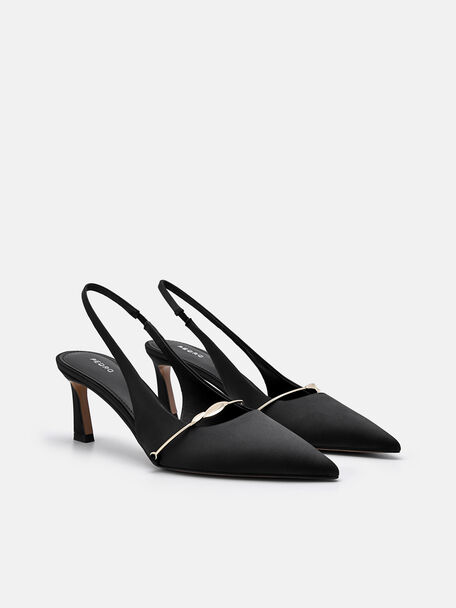 Satin Slingback Heel Pumps, Black