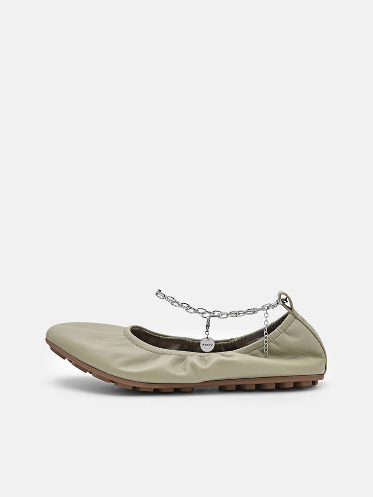 Eclipse Leather Ballerina Flats, Olive
