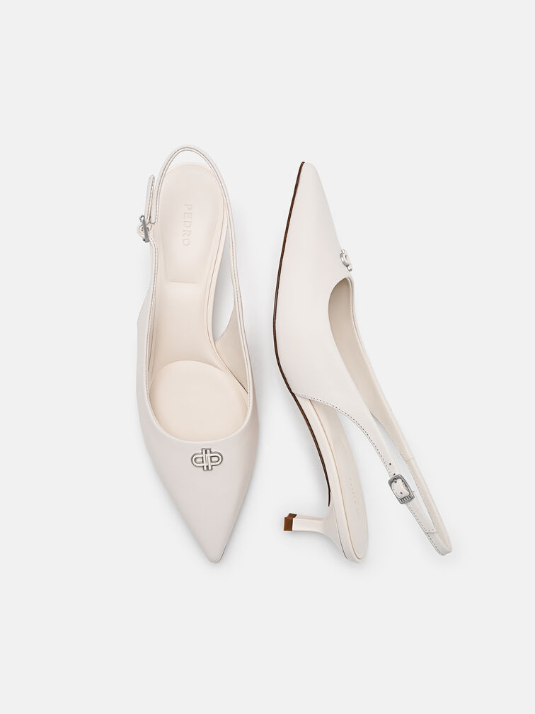 Leather Slingback Heel Pumps, Chalk