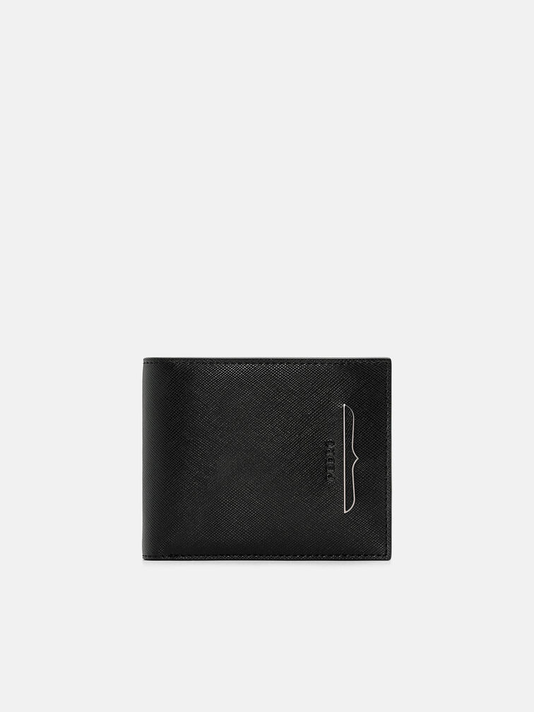 Saffiano Leather Bi-Fold Wallet with Coin Pouch, Black Saffiano