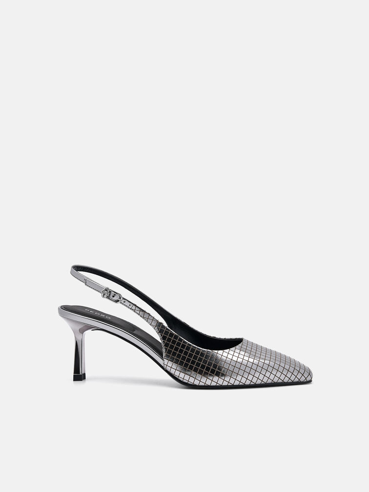 Metallic Leather Slingback Heel Pumps, Pewter