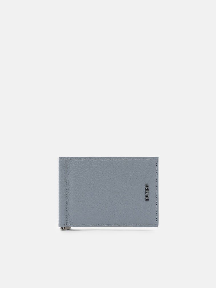 Tumbled Leather Card Holder with Money Clip, Slate Blue Tumble