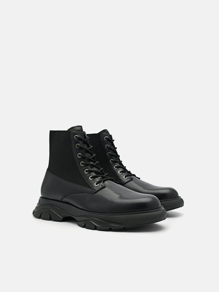 Hybrix Leather Lace-Up Boots, Black