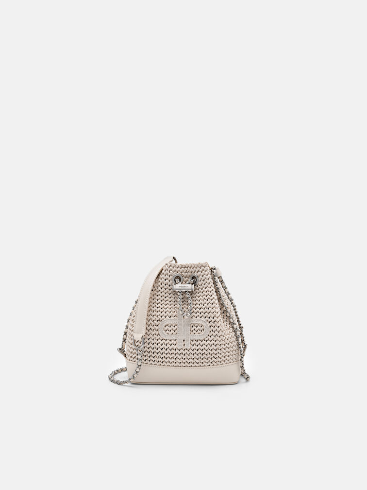 Raffia Mini Bucket Bag, Chalk