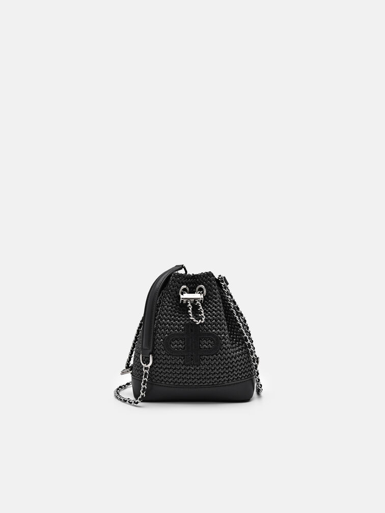 Raffia Mini Bucket Bag, Black