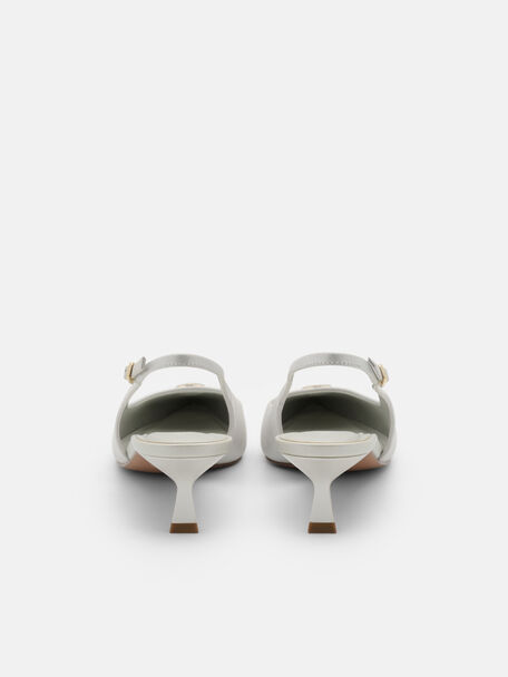 Leather Slingback Heel Pumps, Silver