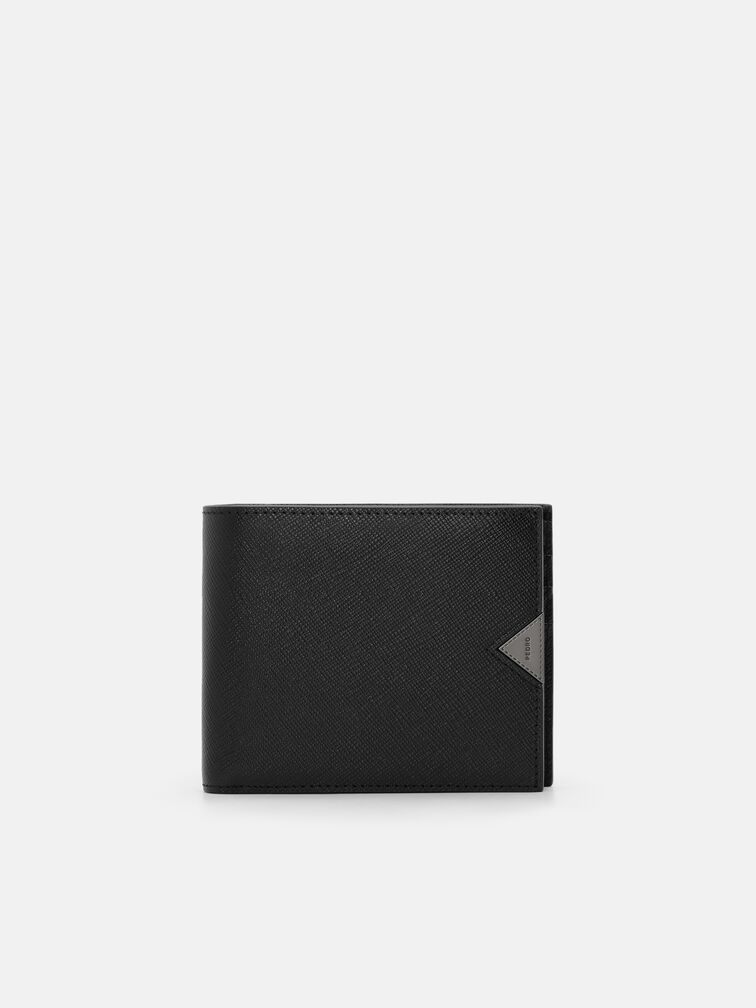 Saffiano Leather Bi-Fold Flip Wallet, Black