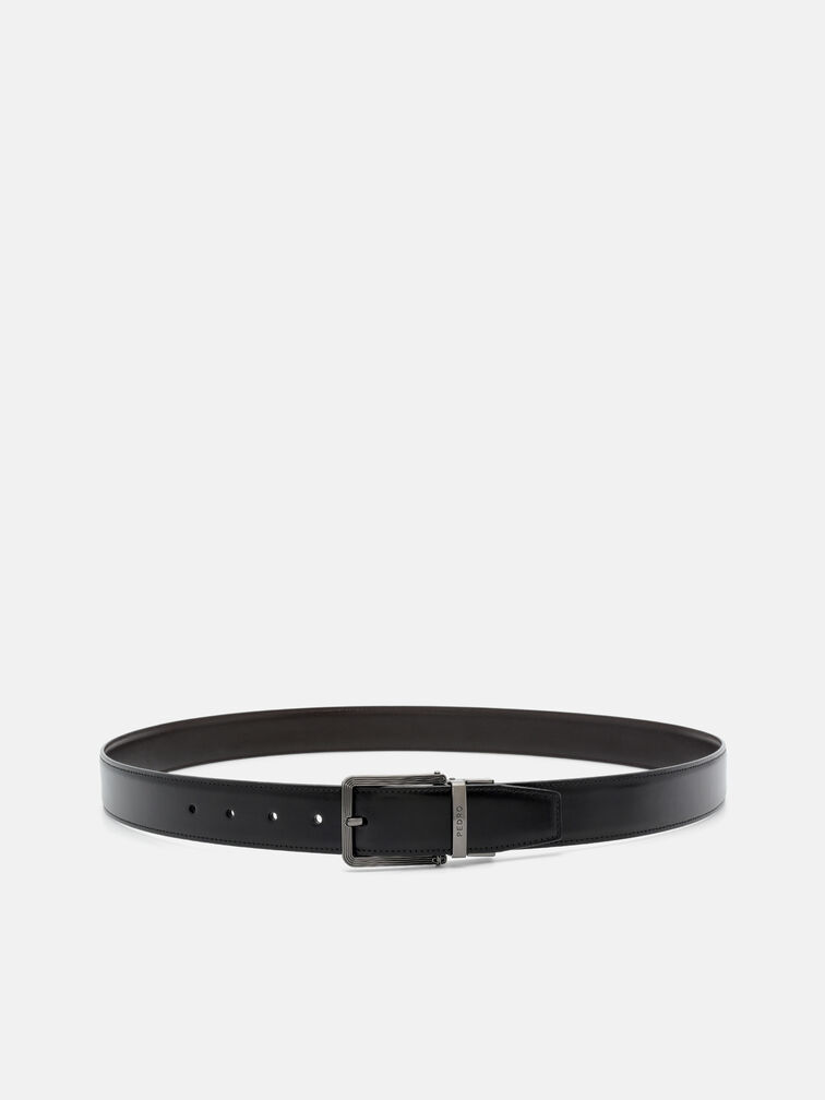 Leather Reversible Pin Belt, Black Textured