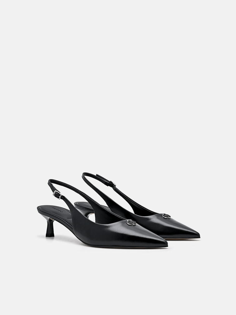 Leather Slingback Heel Pumps, Black