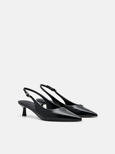 Leather Slingback Heel Pumps, Black