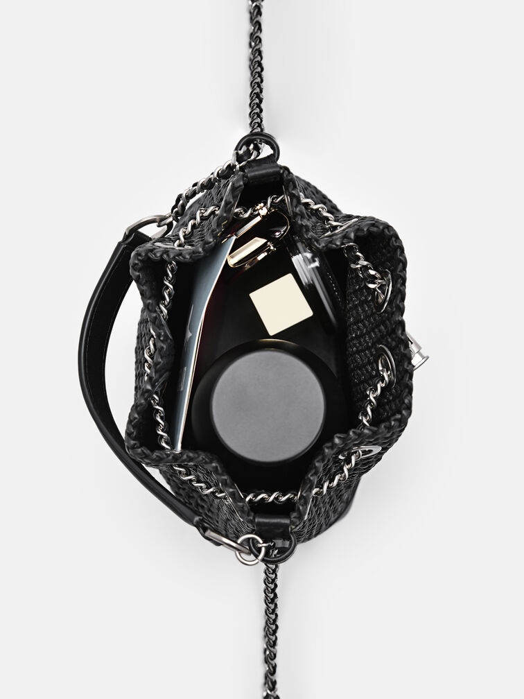Raffia Mini Bucket Bag, Black