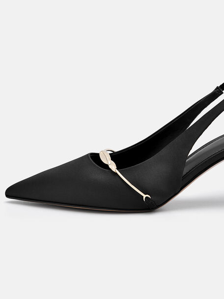 Satin Slingback Heel Pumps, Black