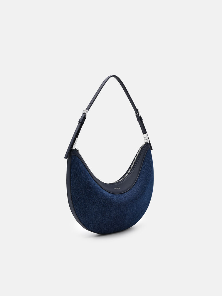 Jatte Denim Crescent Shoulder Bag, Blue Denim