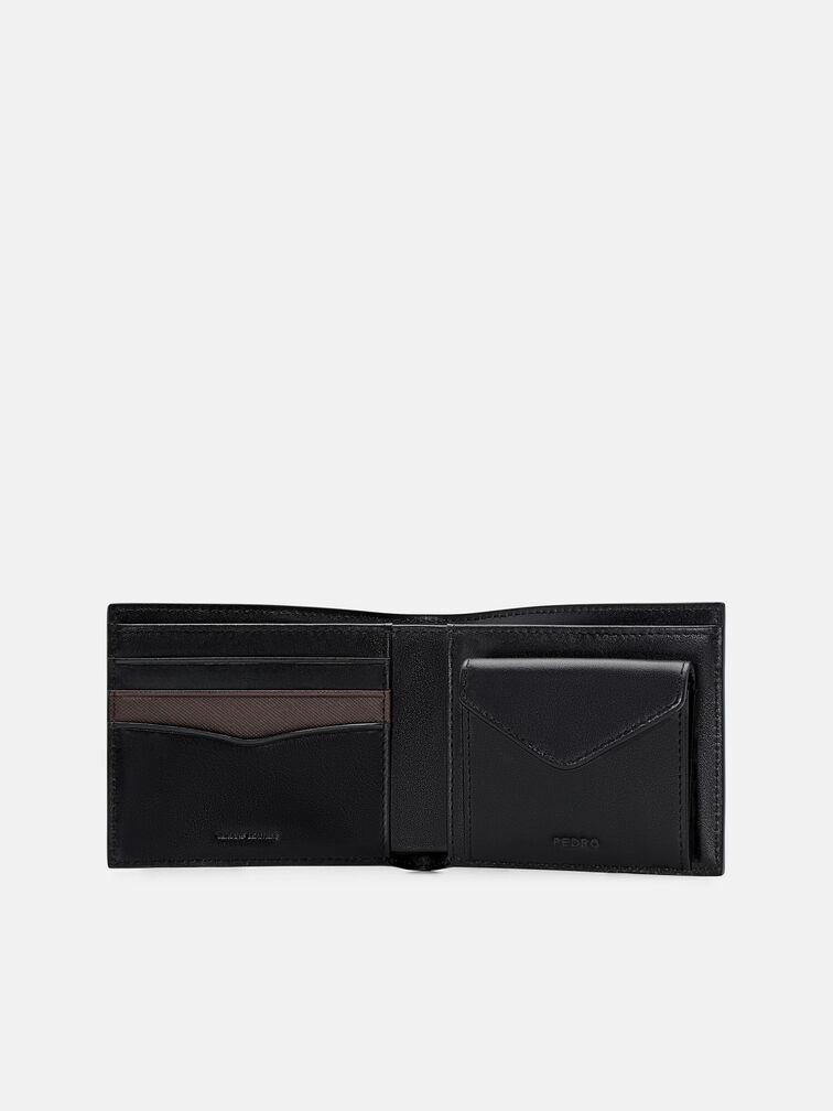 Saffiano Leather Bi-Fold Wallet with Coin Pouch, Black Saffiano