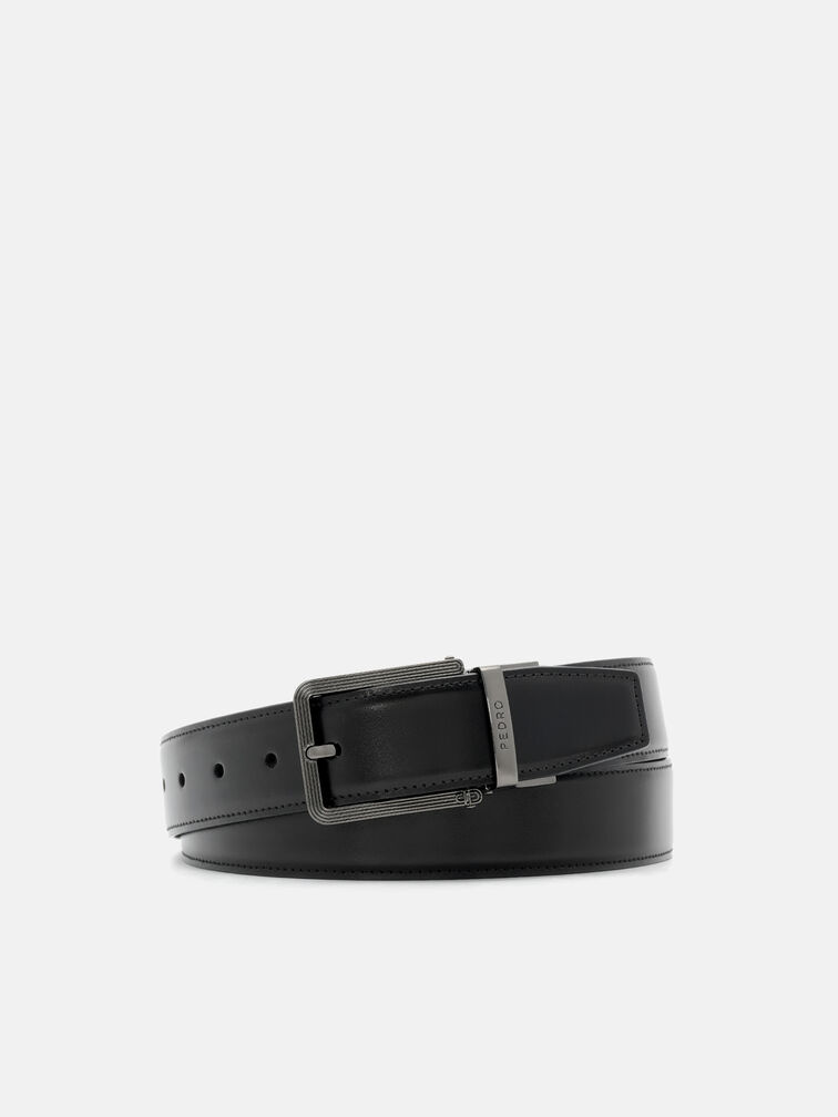 Leather Reversible Pin Belt, Black Textured