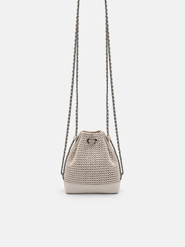 Raffia Mini Bucket Bag, Chalk