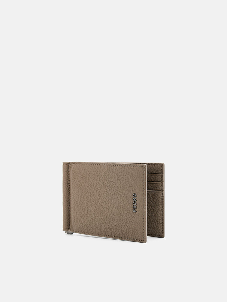 Embossed Leather Card Holder with Money Clip, Taupe