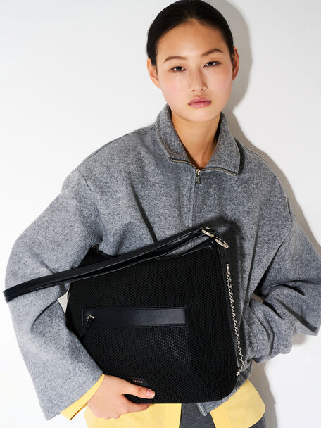 Mesh Slouchy Two-Way Carry Backpack, Black Fabric