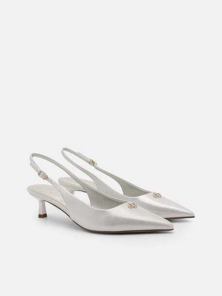 Leather Slingback Heel Pumps, Silver