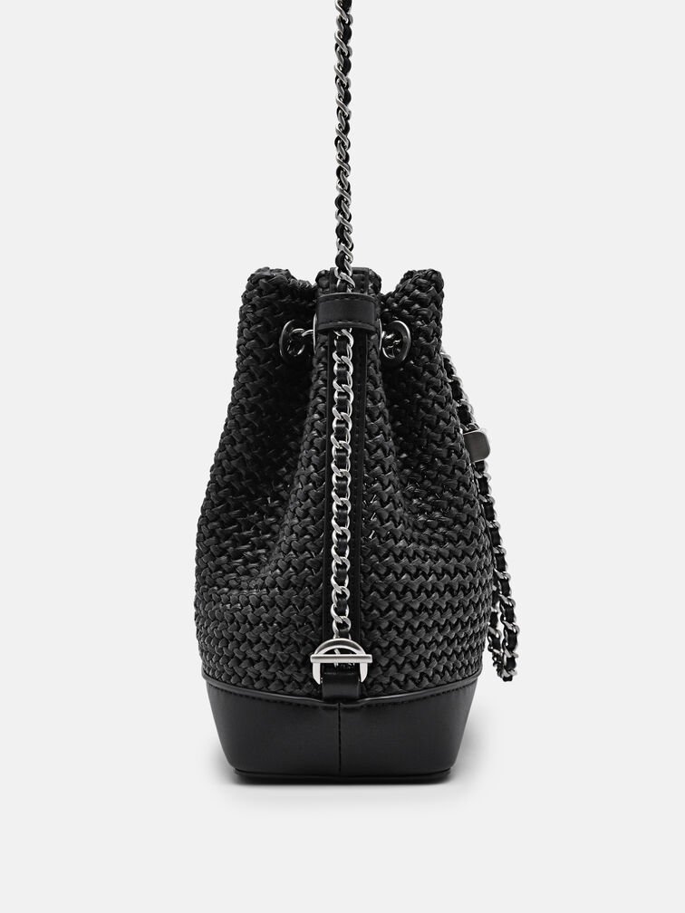 Raffia Mini Bucket Bag, Black