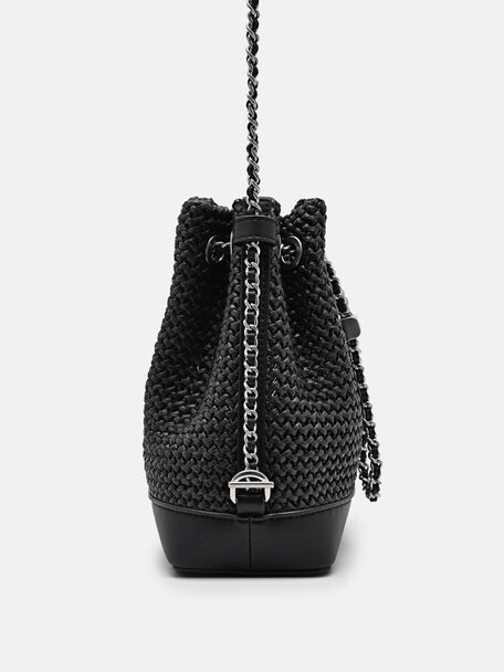 Raffia Mini Bucket Bag, Black