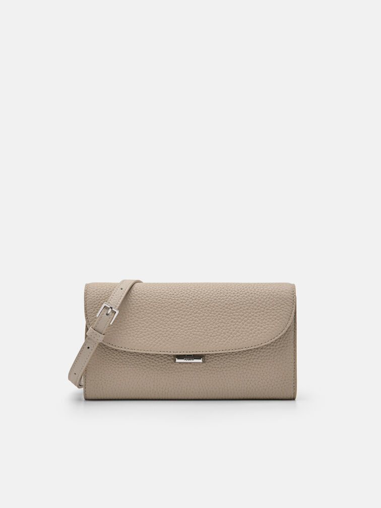 Embossed Leather Bi-Fold Long Wallet, Taupe