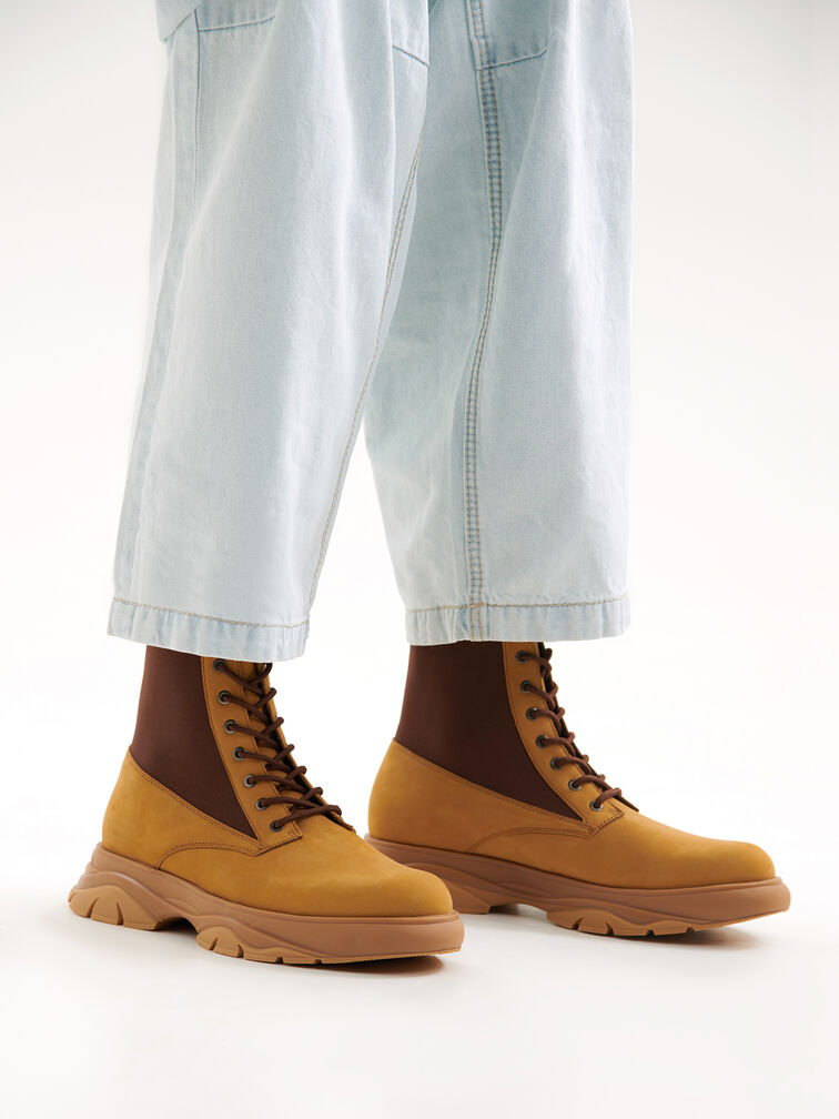 Hybrix Leather Lace-Up Boots, Sand