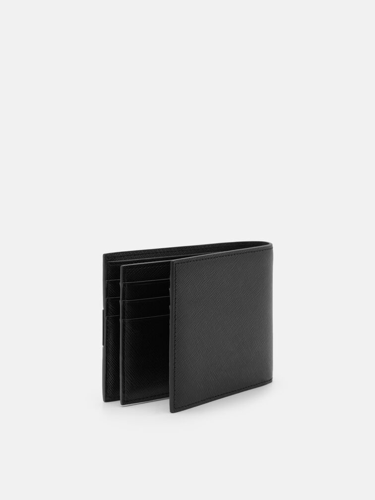Saffiano Leather Bi-Fold Flip Wallet, Black