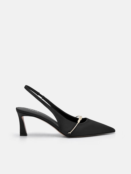 Satin Slingback Heel Pumps, Black