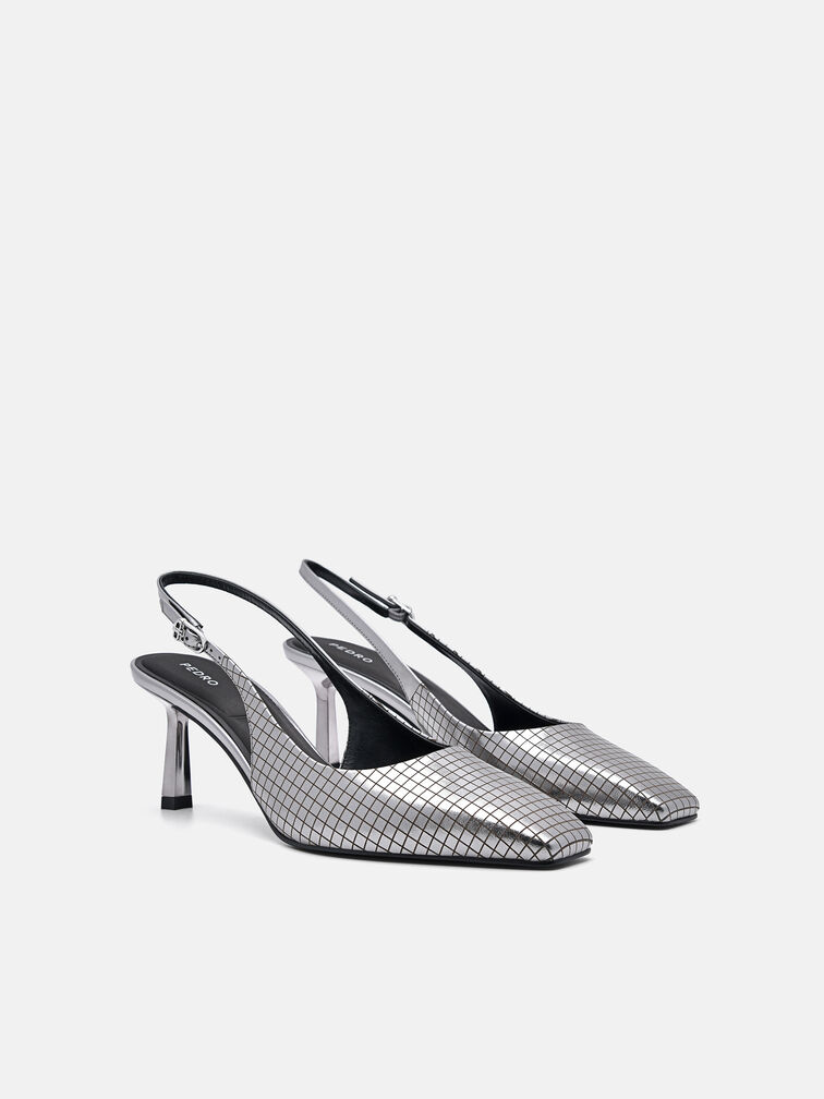 Metallic Leather Slingback Heel Pumps, Pewter