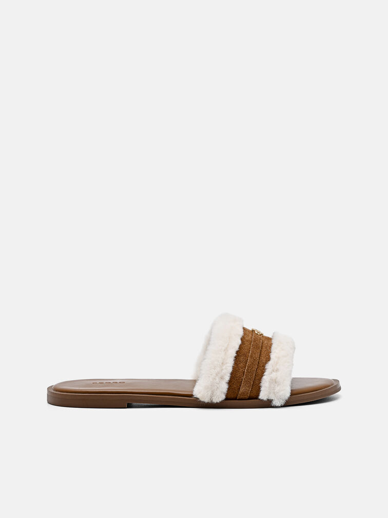 Suede Slide Sandals, Cognac
