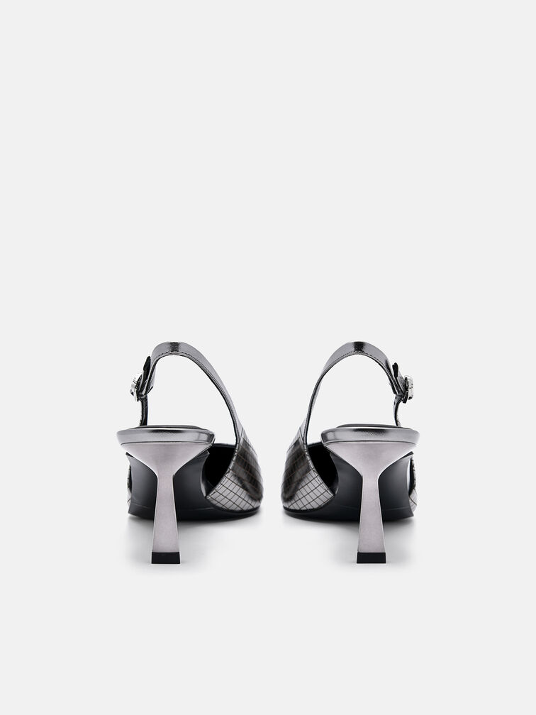 Metallic Leather Slingback Heel Pumps, Pewter
