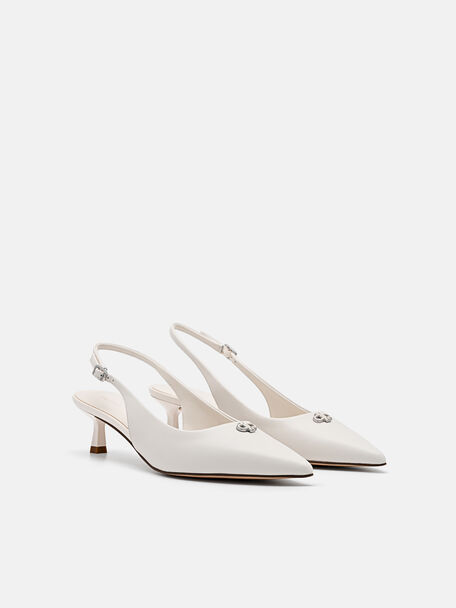 Leather Slingback Heel Pumps, Chalk