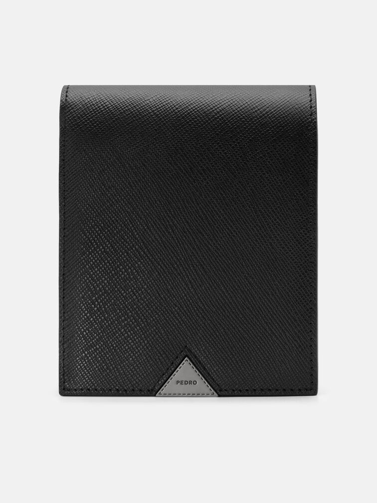 Saffiano Leather Bi-Fold Flip Wallet, Black
