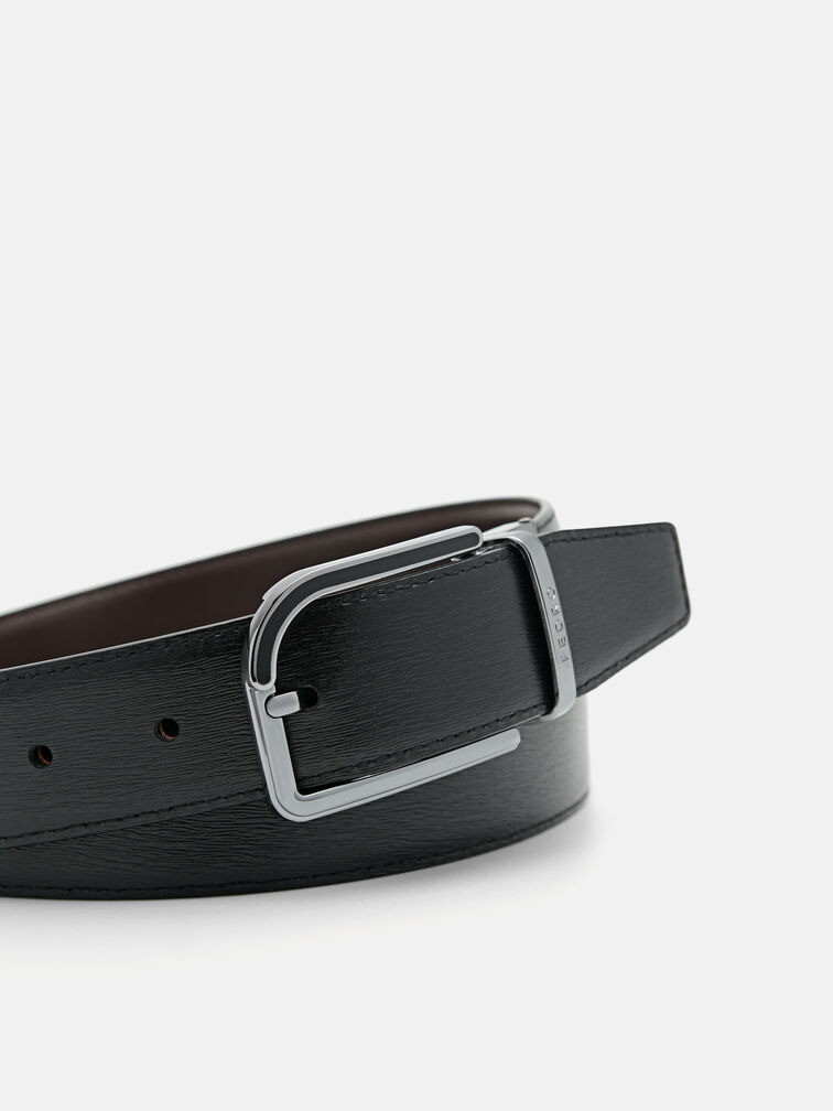Embossed Leather Reversible Pin Belt, Dark Brown