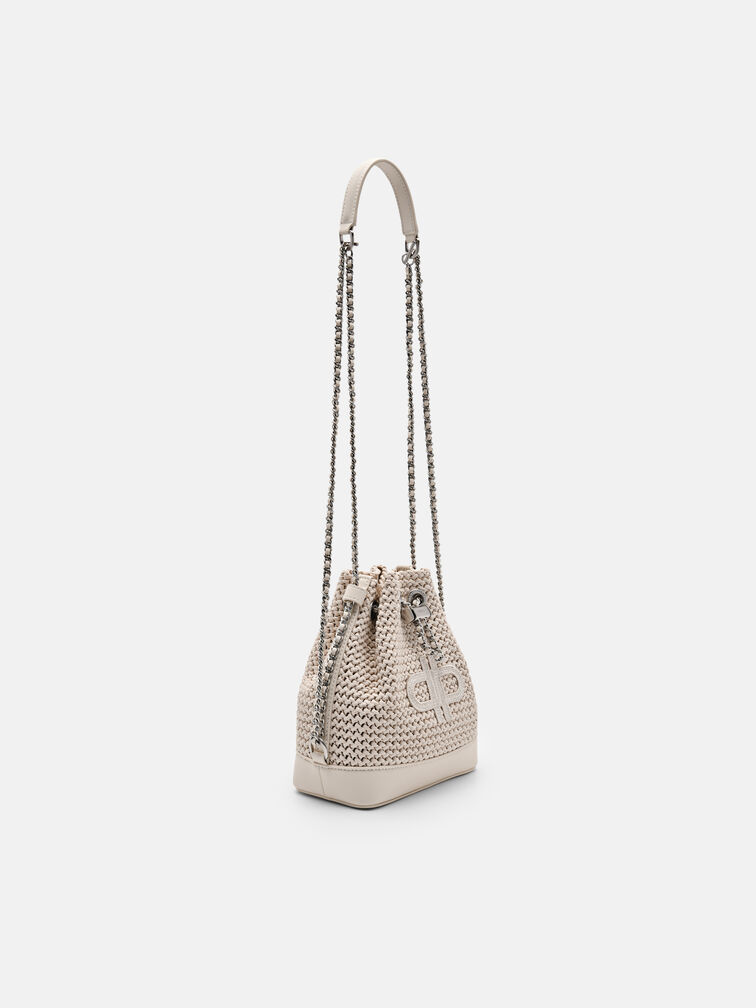 Raffia Mini Bucket Bag, Chalk
