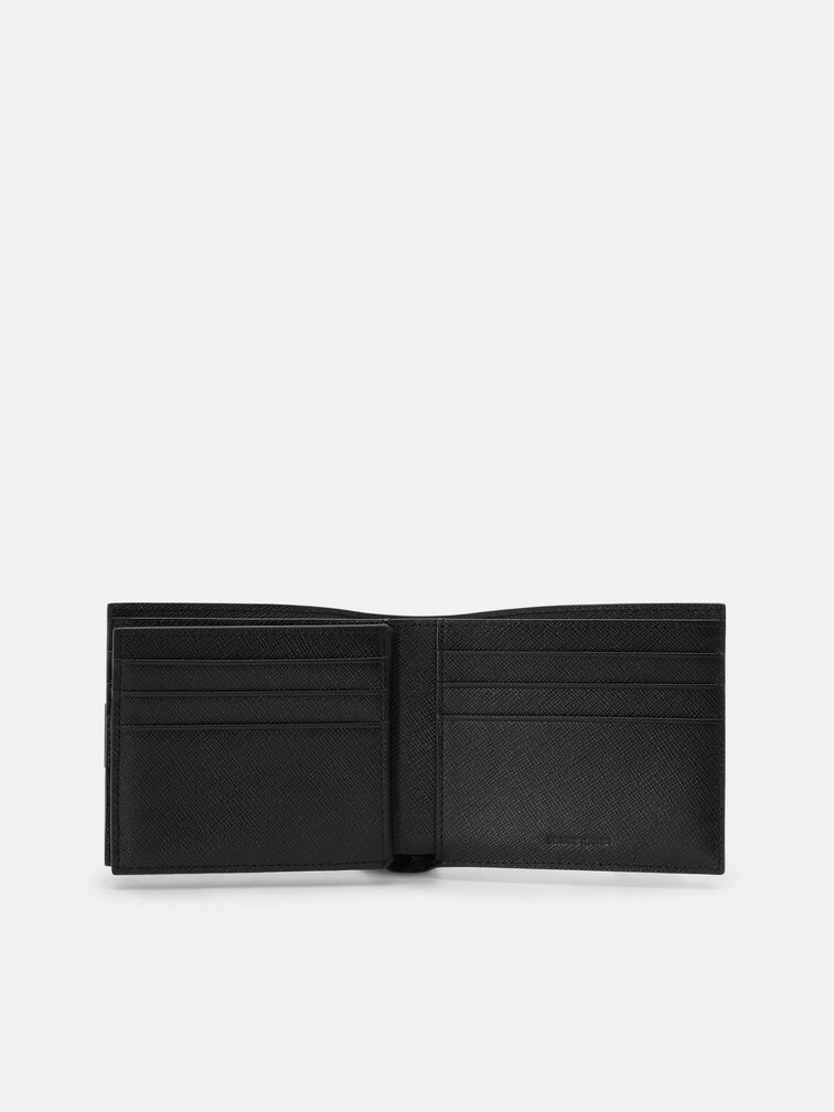 Saffiano Leather Bi-Fold Flip Wallet, Black