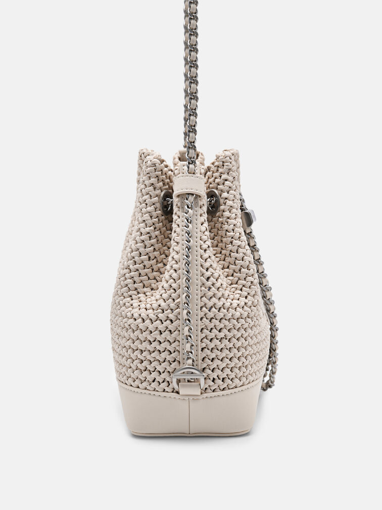 Raffia Mini Bucket Bag, Chalk