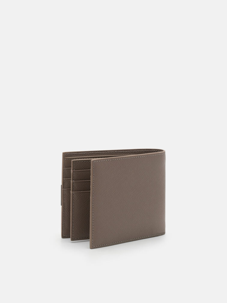 Saffiano Leather Bi-Fold Flip Wallet, Dark Taupe