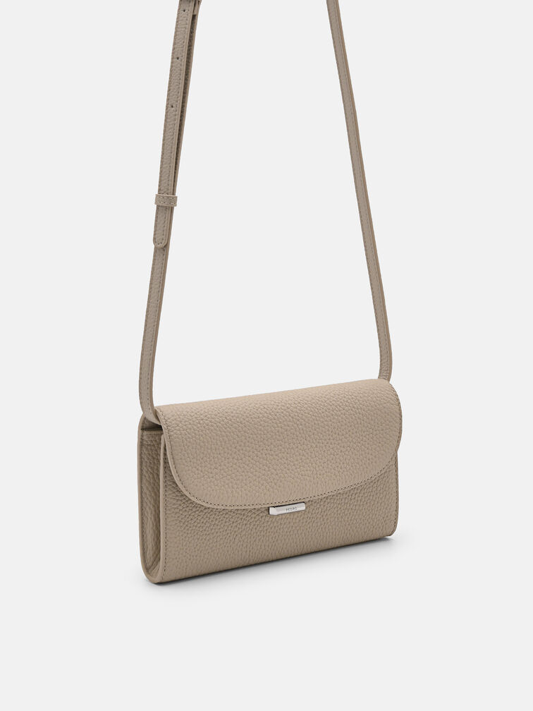Embossed Leather Bi-Fold Long Wallet, Taupe