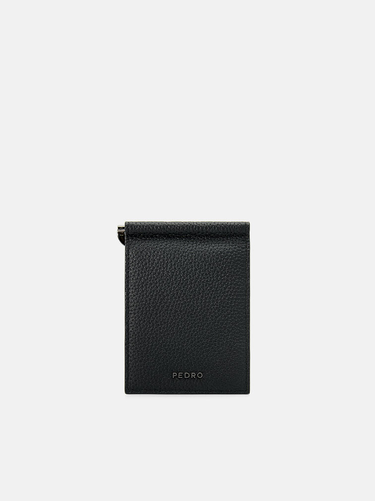 Embossed Leather Card Holder with Money Clip, Black