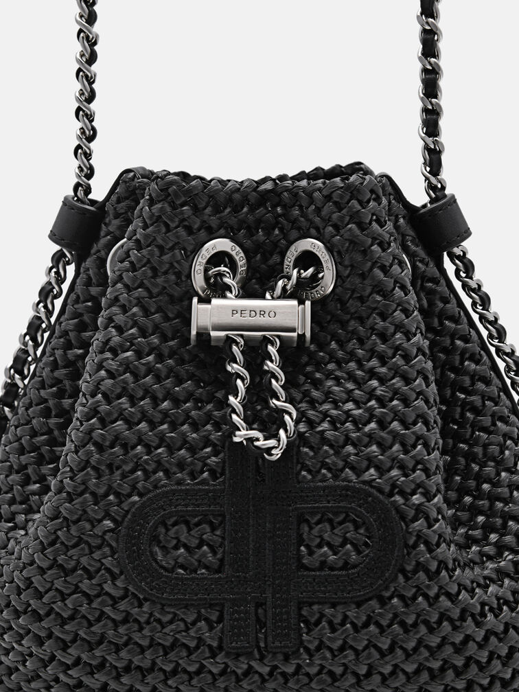 Raffia Mini Bucket Bag, Black