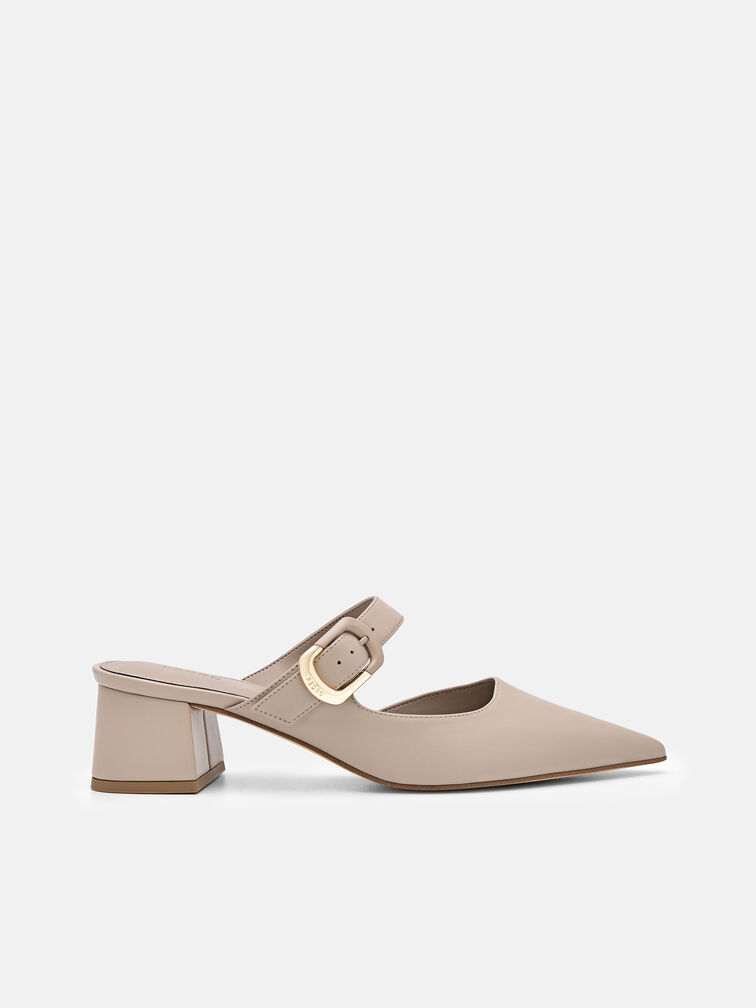 Bridget Leather Heel Mules, Taupe