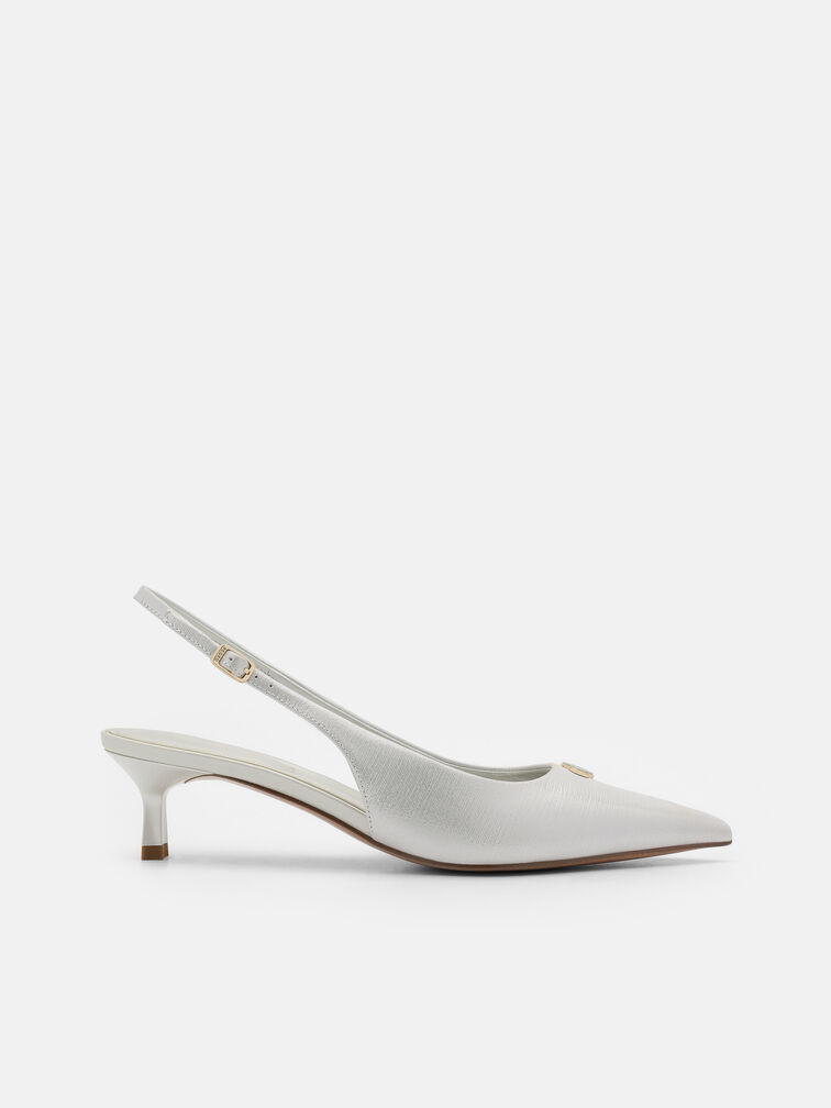 Leather Slingback Heel Pumps, Silver