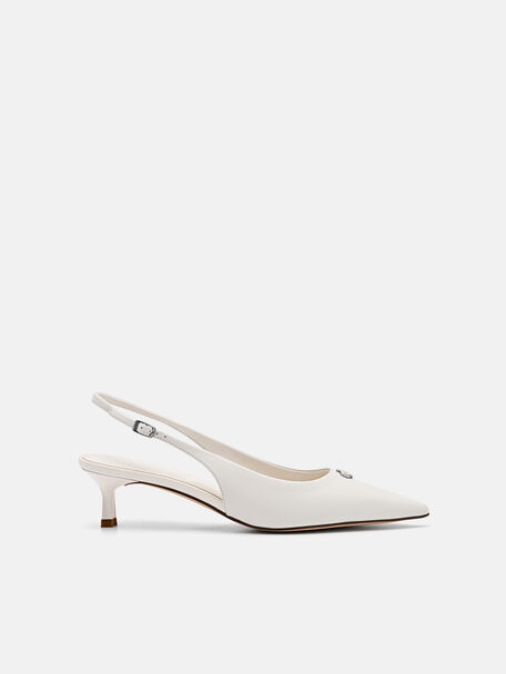 Leather Slingback Heel Pumps, Chalk