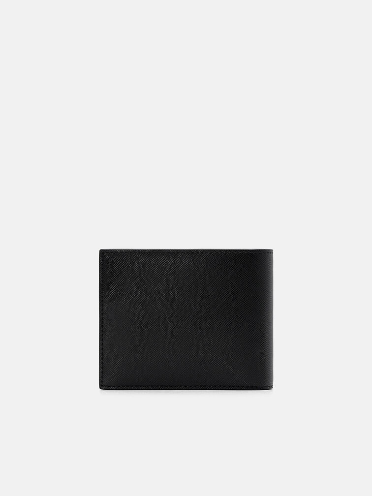 Saffiano Leather Bi-Fold Wallet with Coin Pouch, Black Saffiano