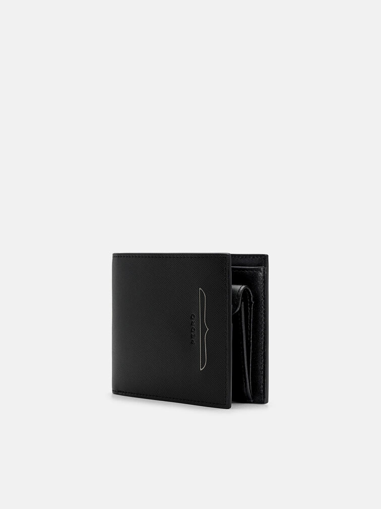 Saffiano Leather Bi-Fold Wallet with Coin Pouch, Black Saffiano