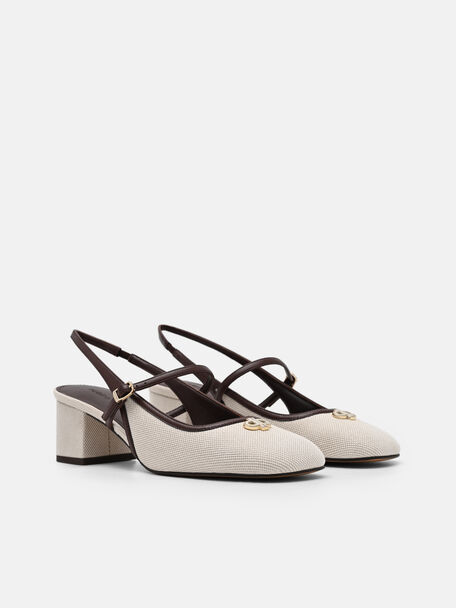 Slingback Heel Pumps, Beige Canvas